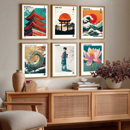 Japanese Waves and City View Aesthetic Wall Art Paintings with Frame for Living Room Bedroom