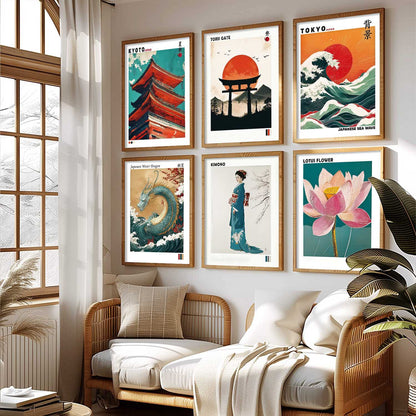 Japanese Waves and City View Aesthetic Wall Art Paintings with Frame for Living Room Bedroom