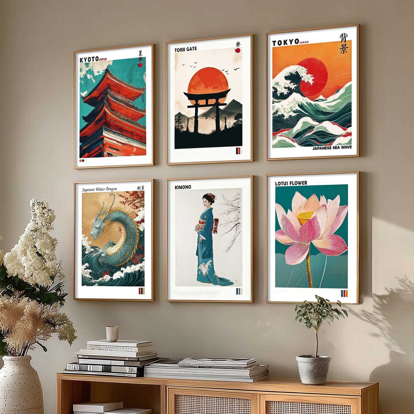 Japanese Waves and City View Aesthetic Wall Art Paintings with Frame for Living Room Bedroom