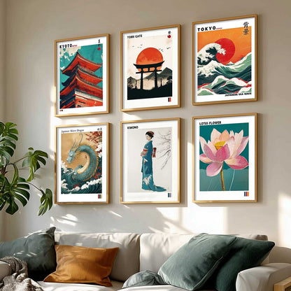 Japanese Waves and City View Aesthetic Wall Art Paintings with Frame for Living Room Bedroom