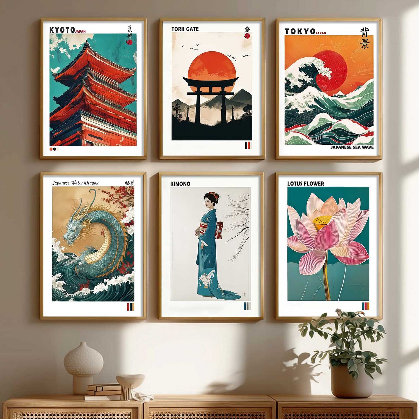 Japanese Waves and City View Aesthetic Wall Art Paintings with Frame for Living Room Bedroom