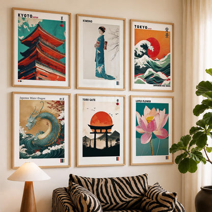 Japanese Waves and City View Aesthetic Wall Art Paintings with Frame for Living Room Bedroom