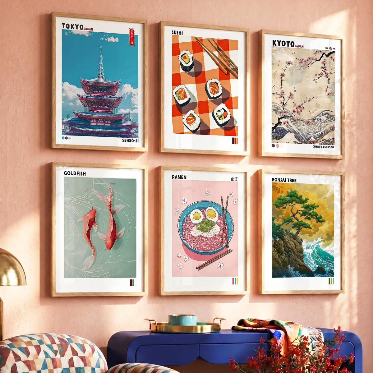 Japanese Aesthetic Wall Art Paintings with Frame for Living Room Bedroom
