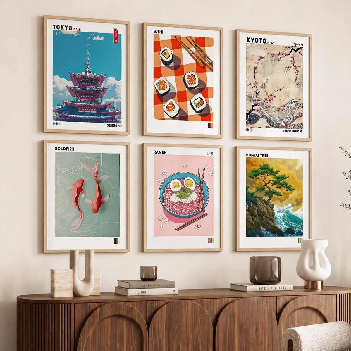 Japanese Aesthetic Wall Art Paintings with Frame for Living Room Bedroom