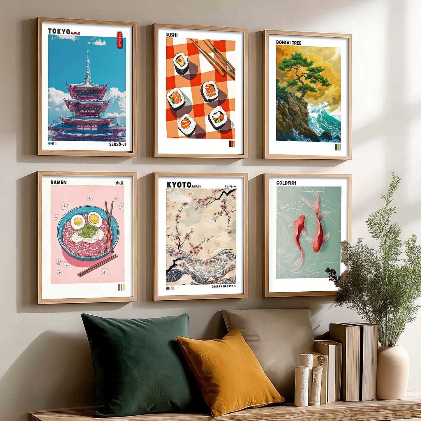 Japanese Aesthetic Wall Art Paintings with Frame for Living Room Bedroom