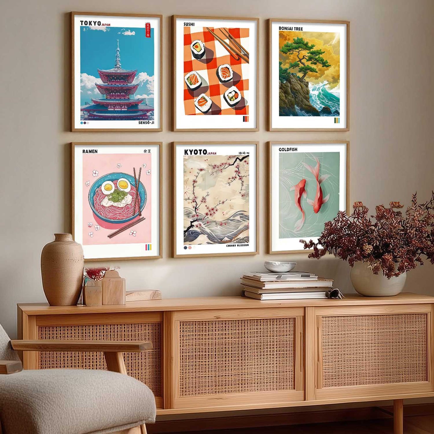 Japanese Aesthetic Wall Art Paintings with Frame for Living Room Bedroom