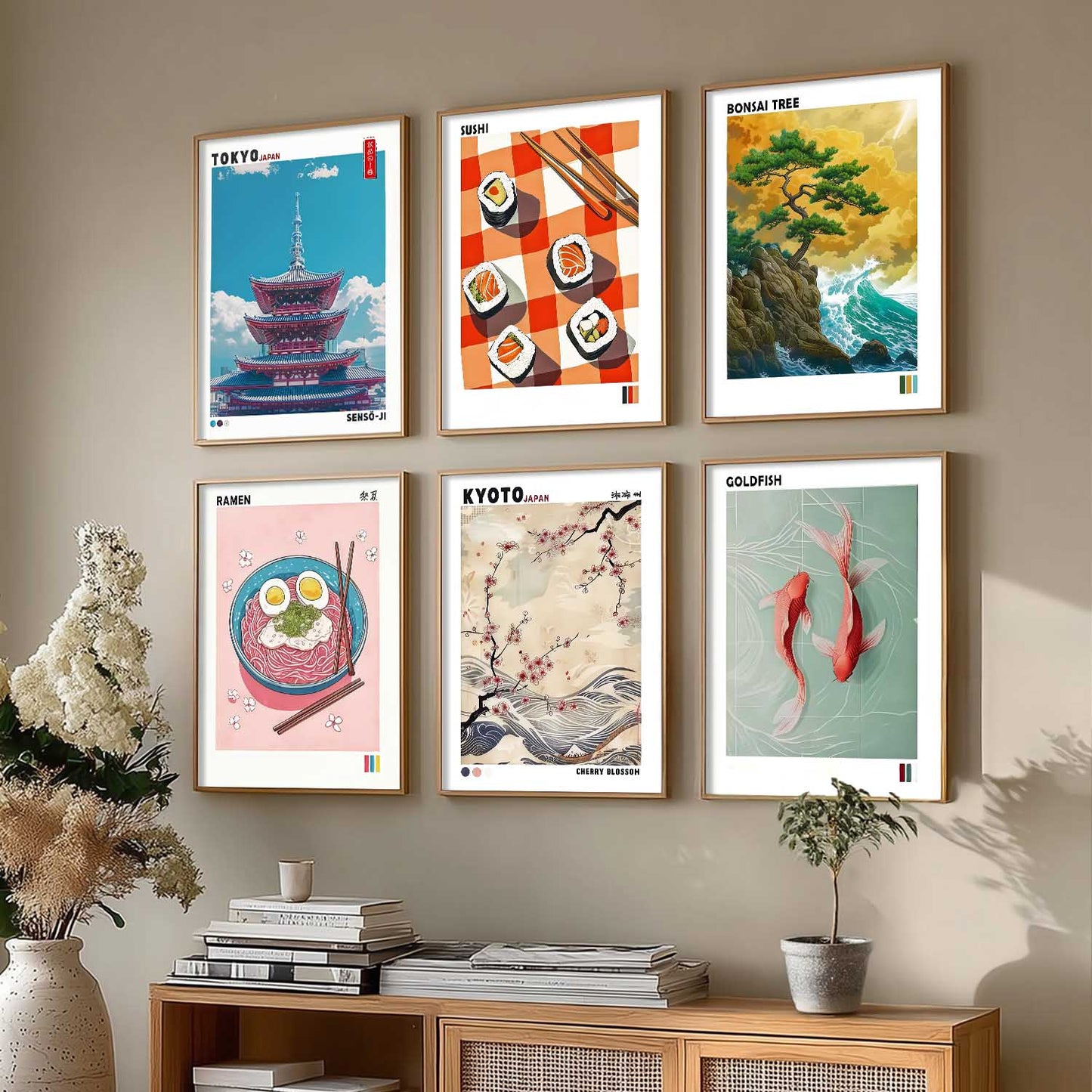 Japanese Aesthetic Wall Art Paintings with Frame for Living Room Bedroom