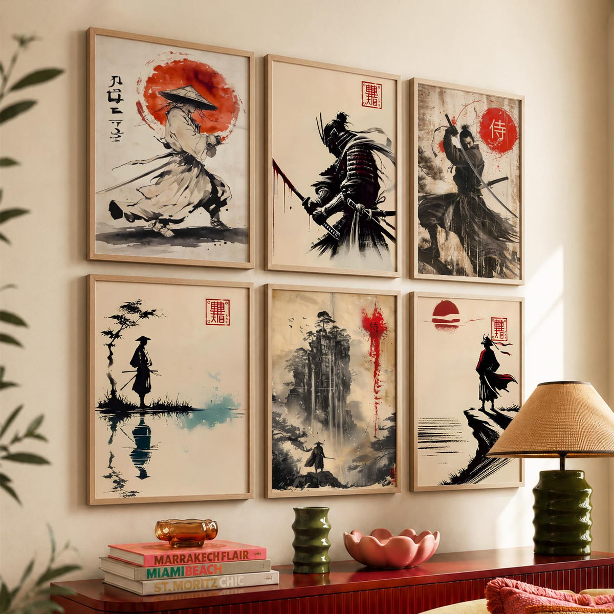 Samurai Characters Japanese Aesthetic Wall Art Paintings with Frame for Living Room Bedroom