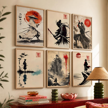 Samurai Characters Japanese Aesthetic Wall Art Paintings with Frame for Living Room Bedroom