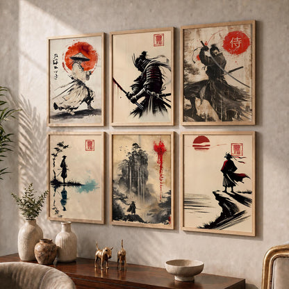 Samurai Characters Japanese Aesthetic Wall Art Paintings with Frame for Living Room Bedroom