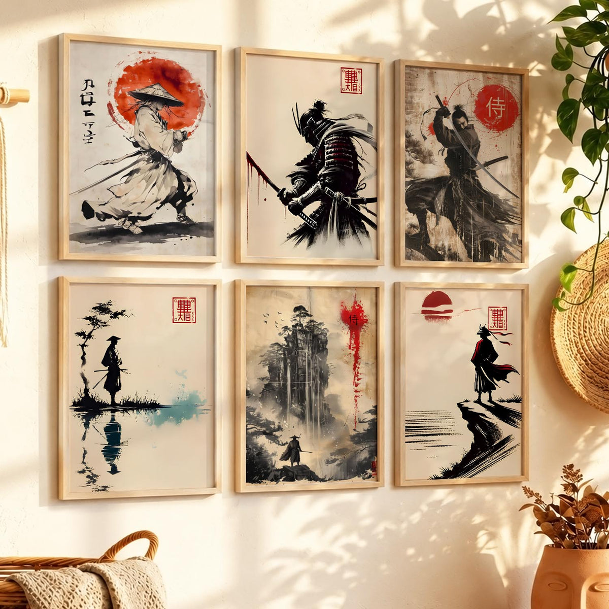 Samurai Characters Japanese Aesthetic Wall Art Paintings with Frame for Living Room Bedroom