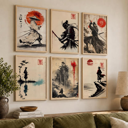 Samurai Characters Japanese Aesthetic Wall Art Paintings with Frame for Living Room Bedroom