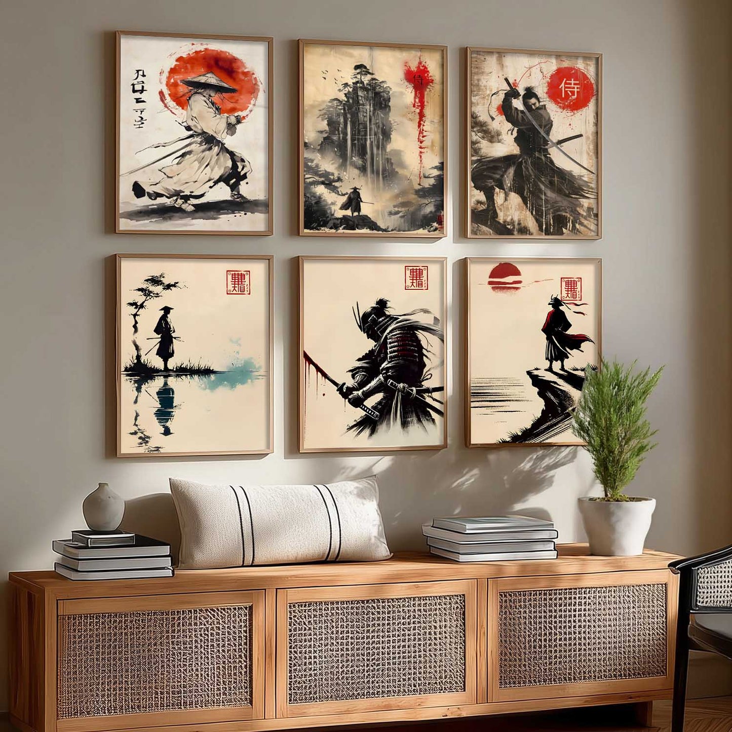 Samurai Characters Japanese Aesthetic Wall Art Paintings with Frame for Living Room Bedroom