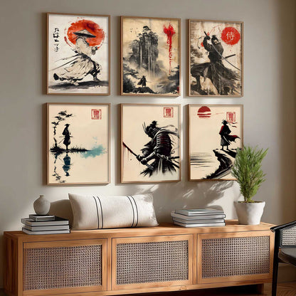 Samurai Characters Japanese Aesthetic Wall Art Paintings with Frame for Living Room Bedroom