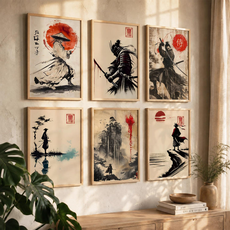 Samurai Characters Japanese Aesthetic Wall Art Paintings with Frame for Living Room Bedroom