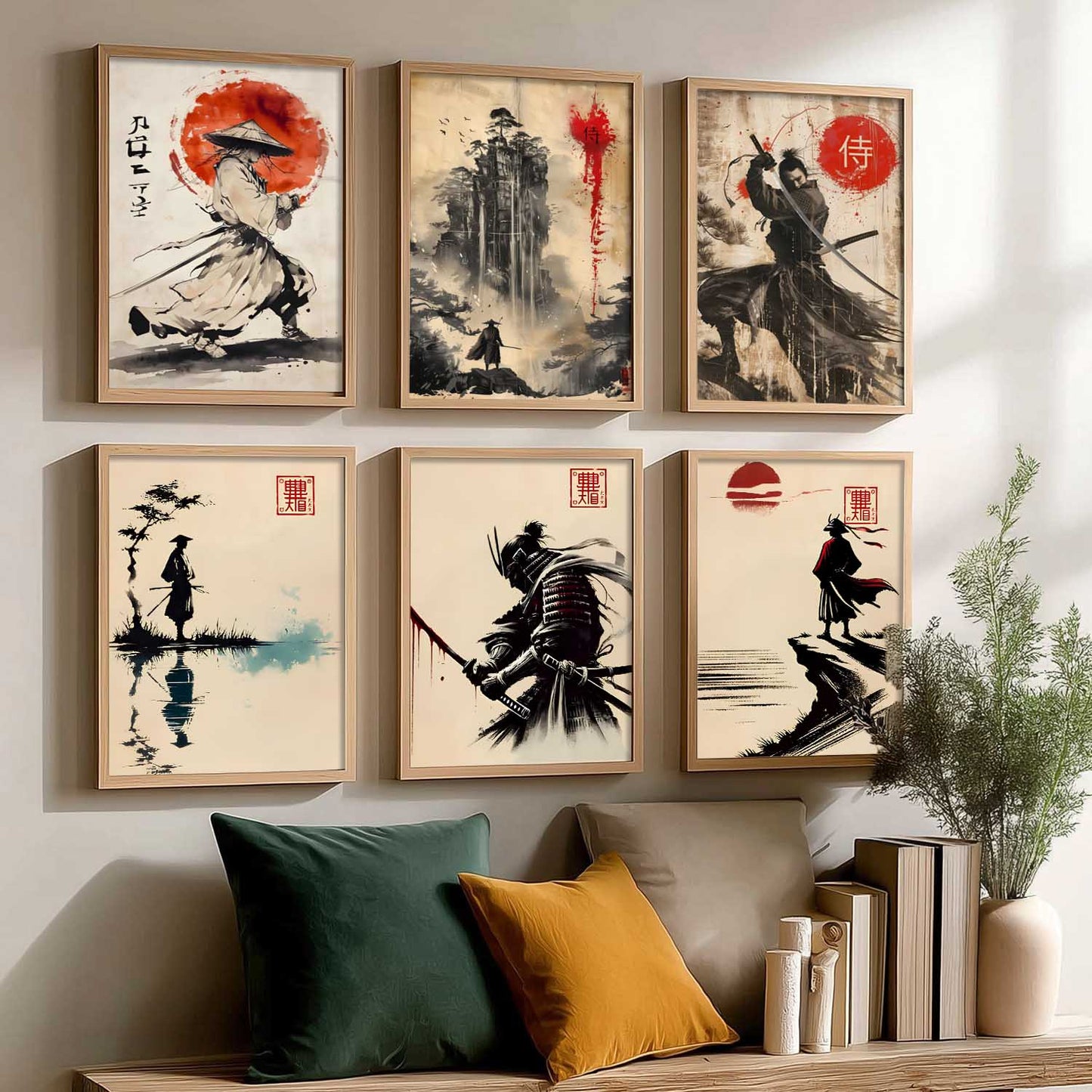 Samurai Characters Japanese Aesthetic Wall Art Paintings with Frame for Living Room Bedroom
