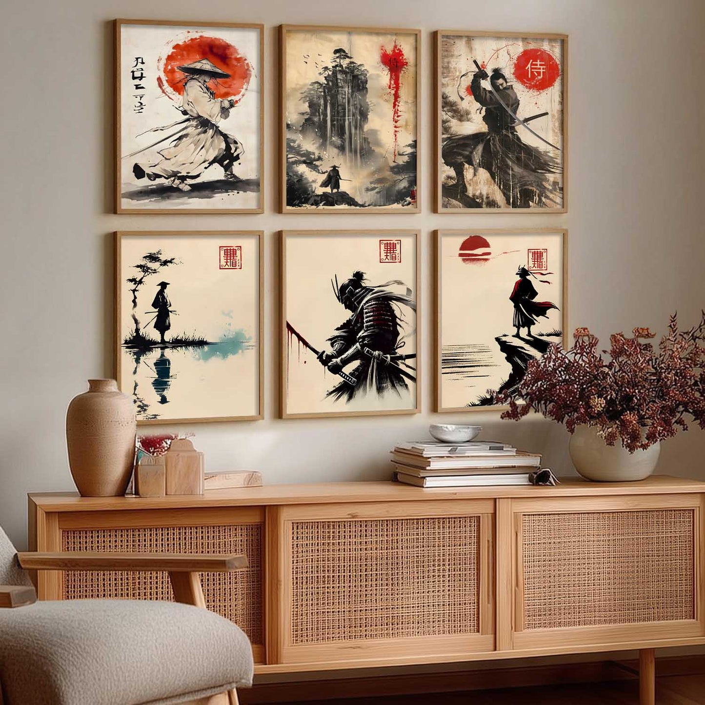 Samurai Characters Japanese Aesthetic Wall Art Paintings with Frame for Living Room Bedroom