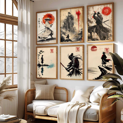 Samurai Characters Japanese Aesthetic Wall Art Paintings with Frame for Living Room Bedroom