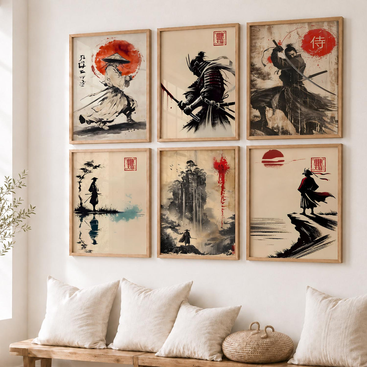 Samurai Characters Japanese Aesthetic Wall Art Paintings with Frame for Living Room Bedroom