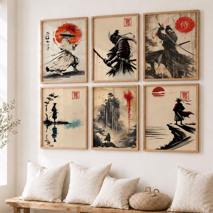 Samurai Characters Japanese Aesthetic Wall Art Paintings with Frame for Living Room Bedroom