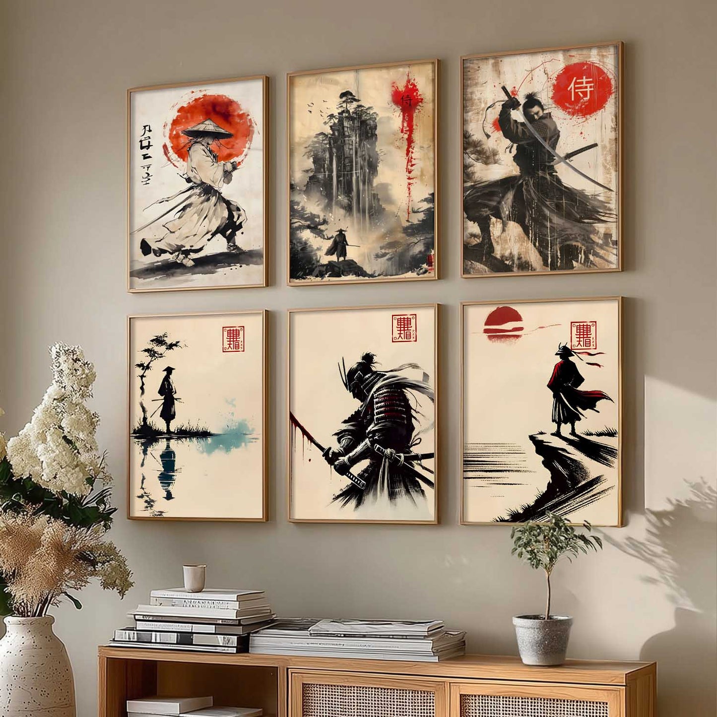 Samurai Characters Japanese Aesthetic Wall Art Paintings with Frame for Living Room Bedroom