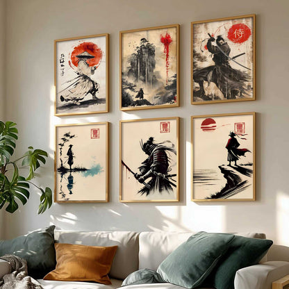 Samurai Characters Japanese Aesthetic Wall Art Paintings with Frame for Living Room Bedroom