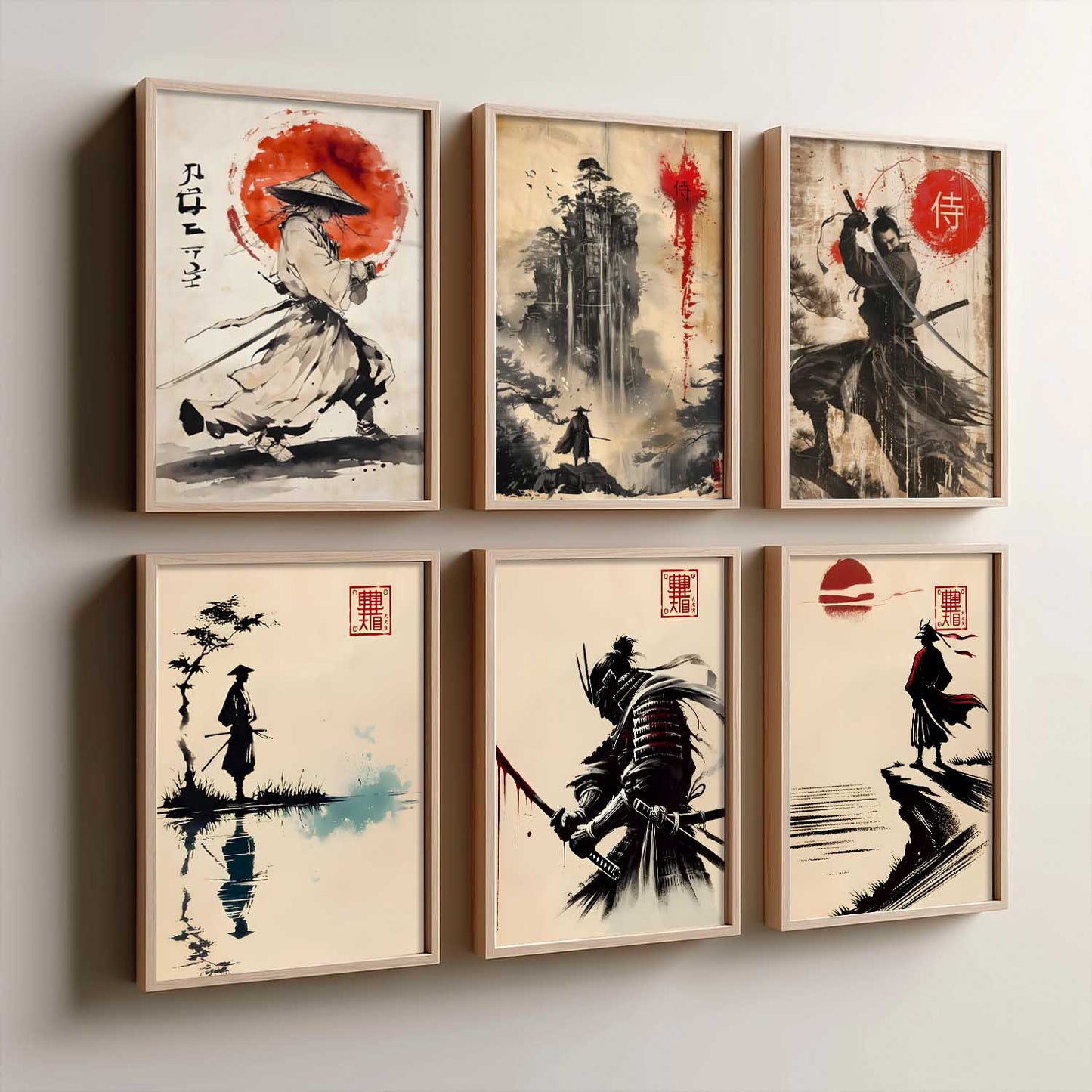 Samurai Characters Japanese Aesthetic Wall Art Paintings with Frame for Living Room Bedroom