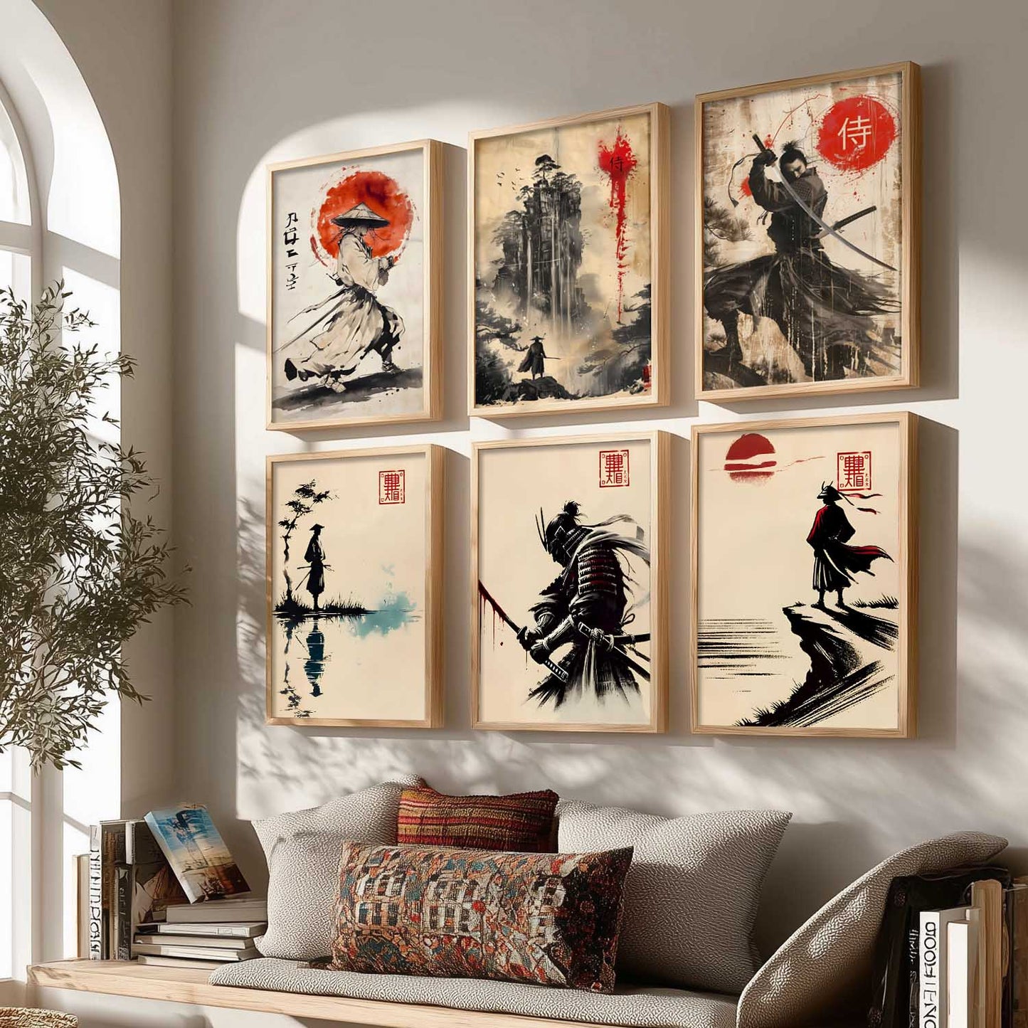 Samurai Characters Japanese Aesthetic Wall Art Paintings with Frame for Living Room Bedroom