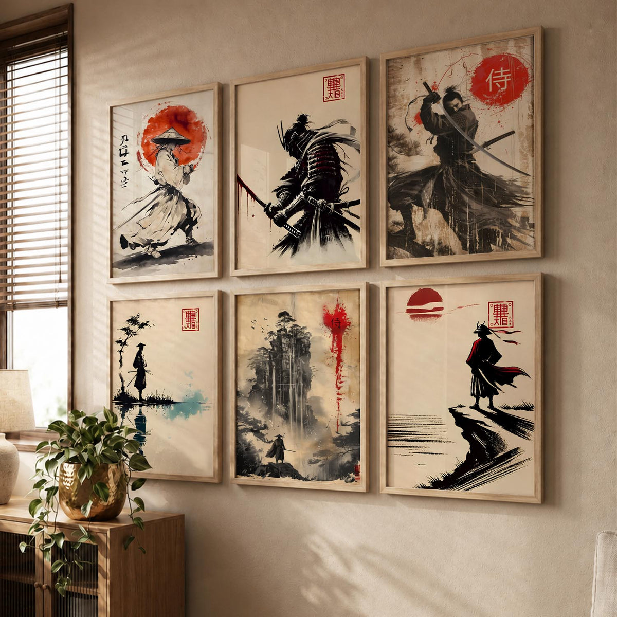 Samurai Characters Japanese Aesthetic Wall Art Paintings with Frame for Living Room Bedroom