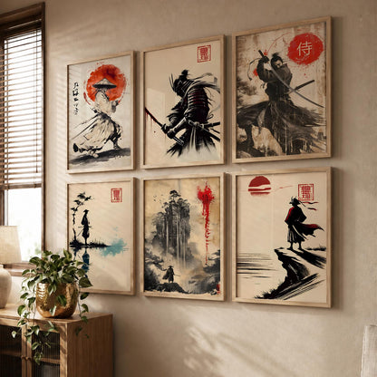 Samurai Characters Japanese Aesthetic Wall Art Paintings with Frame for Living Room Bedroom