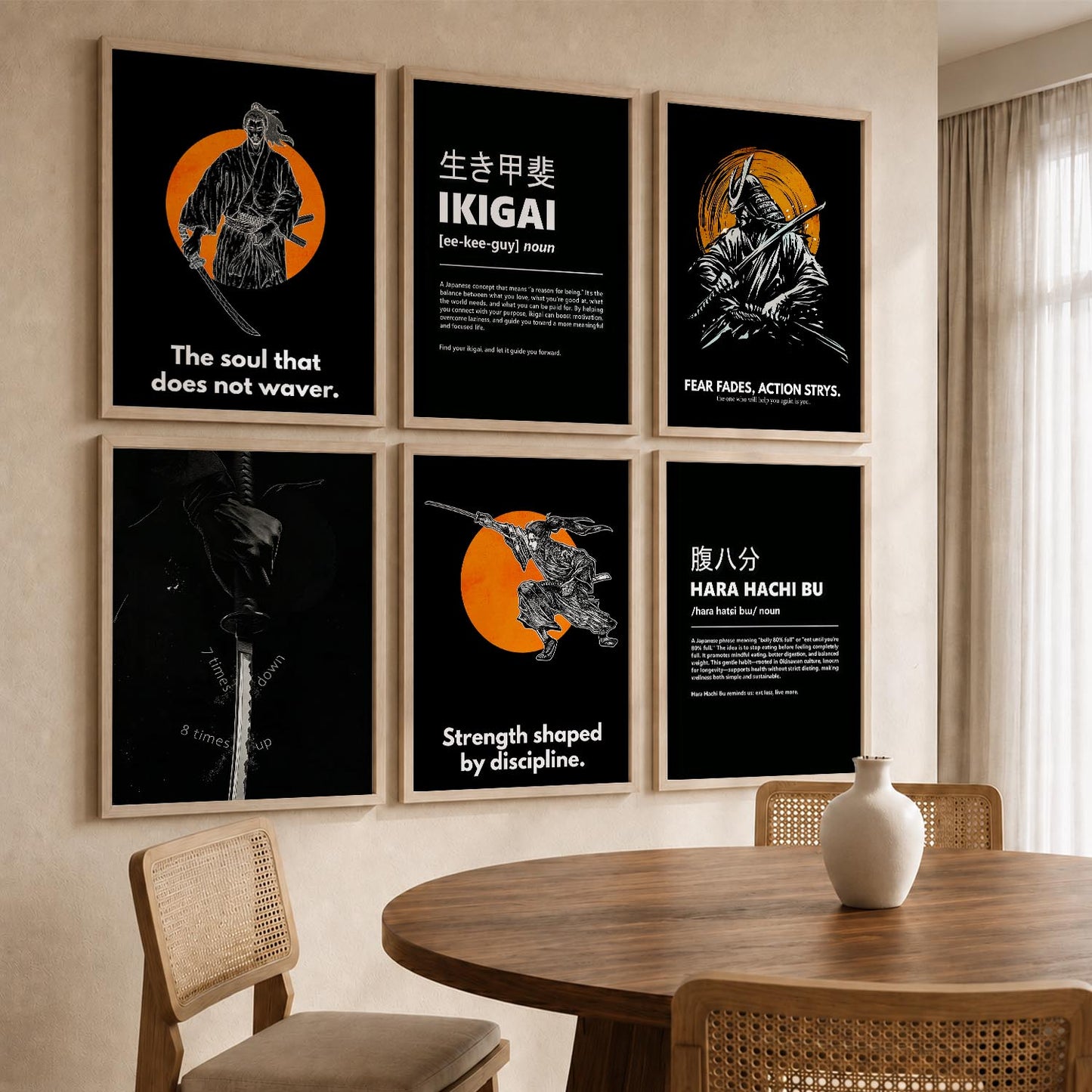 Japanese Samurai Motivational Quotes Wall Art Set of 6 Framed Prints for Workspace