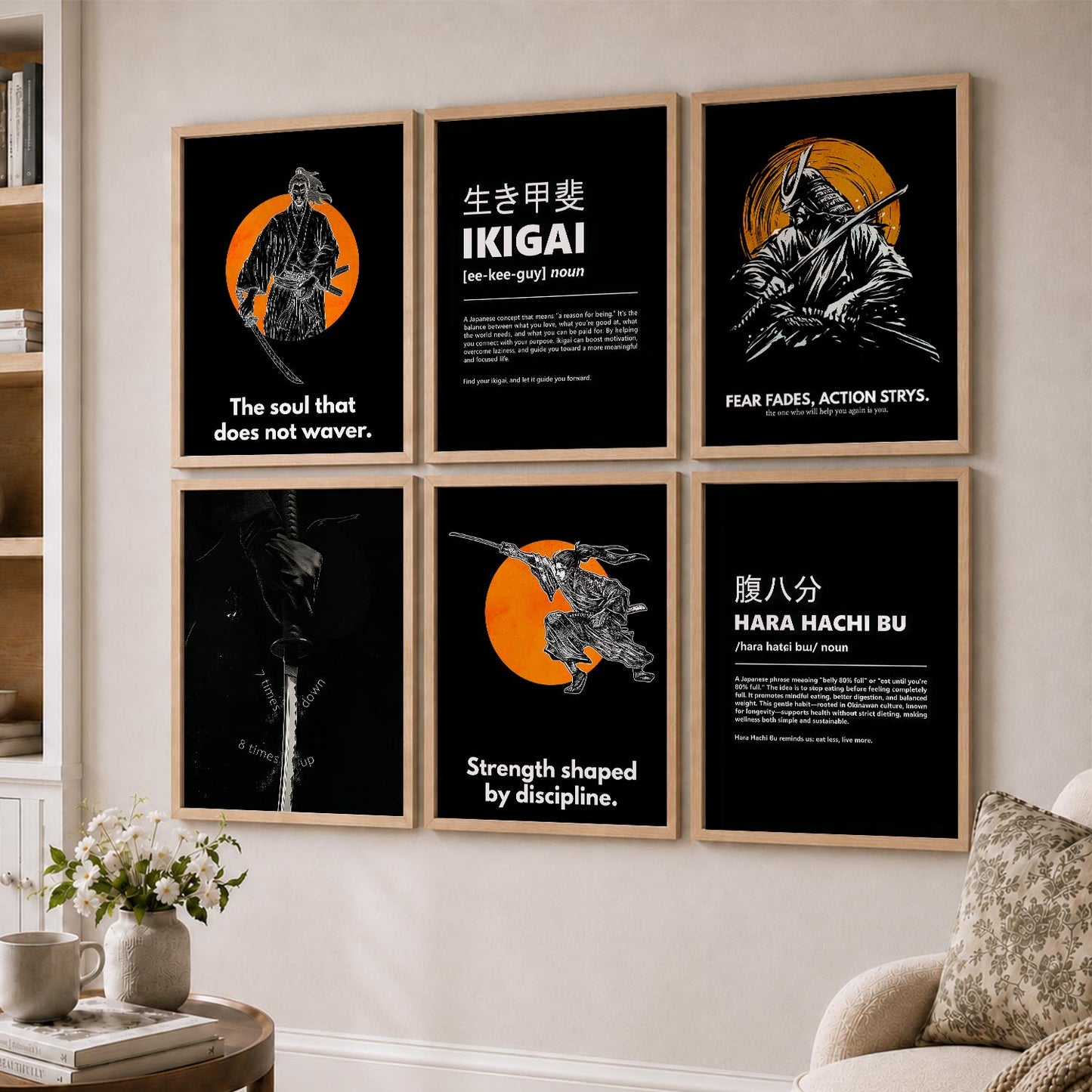 Japanese Samurai Motivational Quotes Wall Art Set of 6 Framed Prints for Workspace