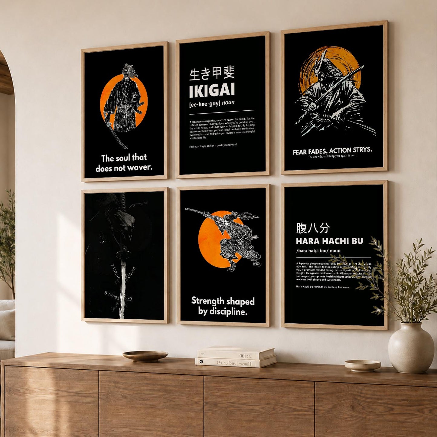 Japanese Samurai Motivational Quotes Wall Art Set of 6 Framed Prints for Workspace