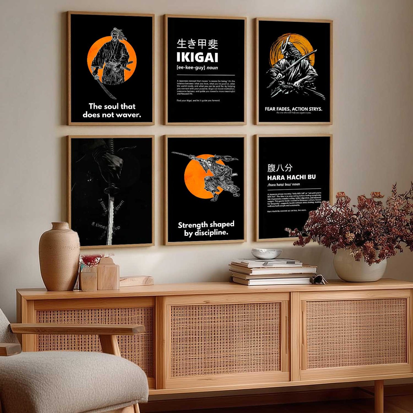 Japanese Samurai Motivational Wall Art Paintings with Frame for Living Room Bedroom