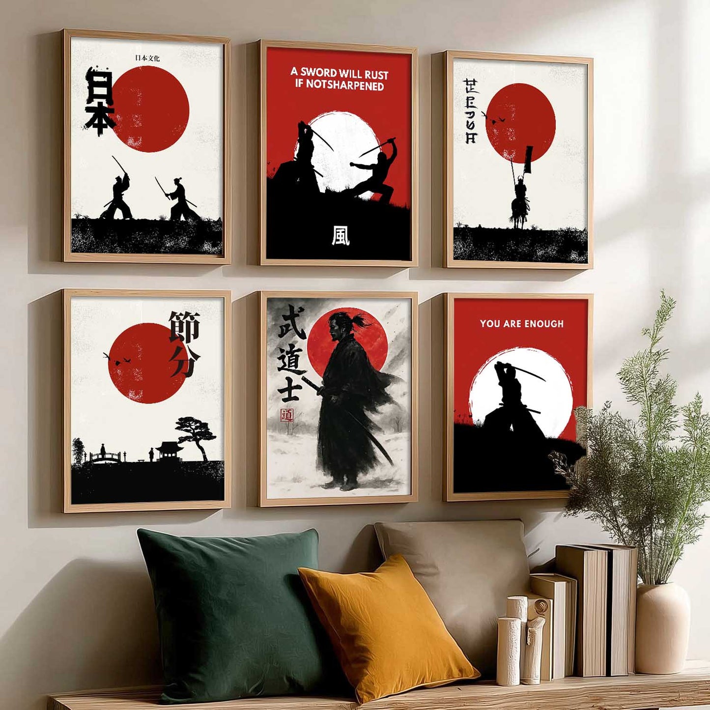 Samurai Japanese  Aesthetic Wall Art Paintings with Frame for Living Room Bedroom