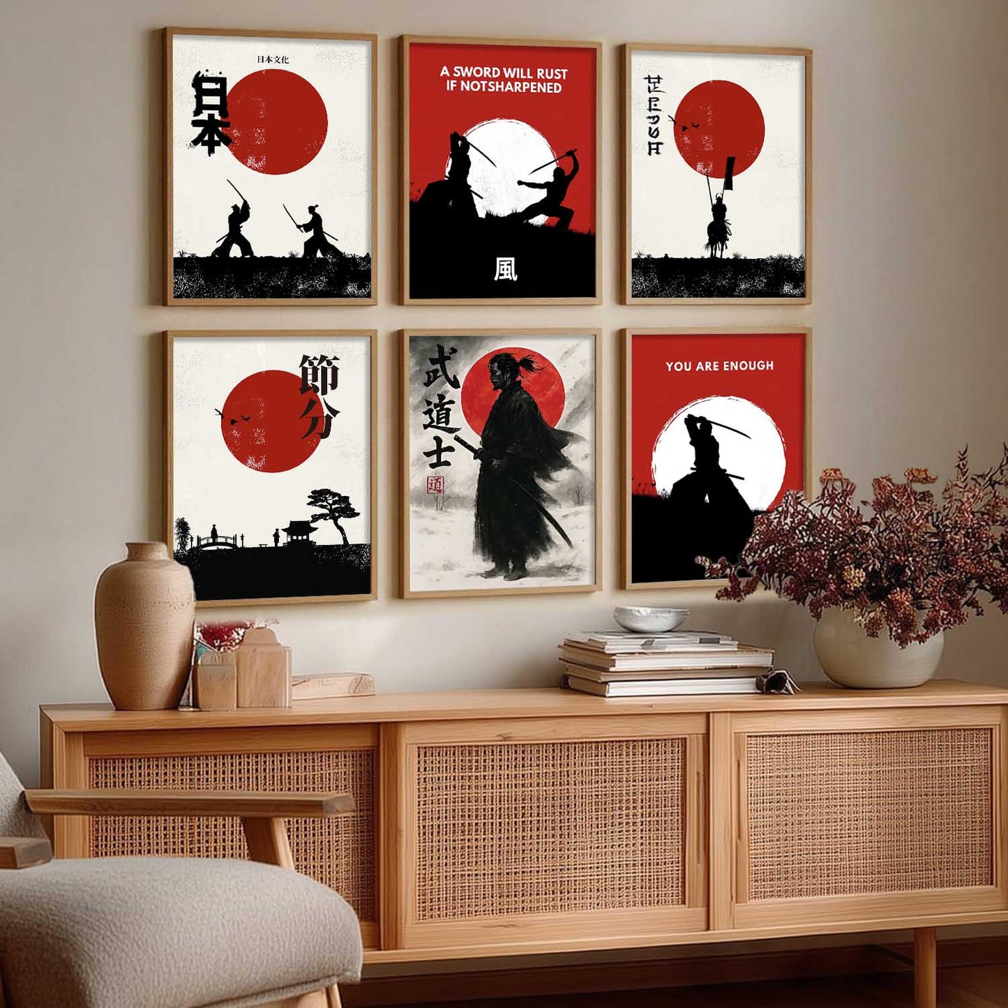 Samurai Japanese  Aesthetic Wall Art Paintings with Frame for Living Room Bedroom