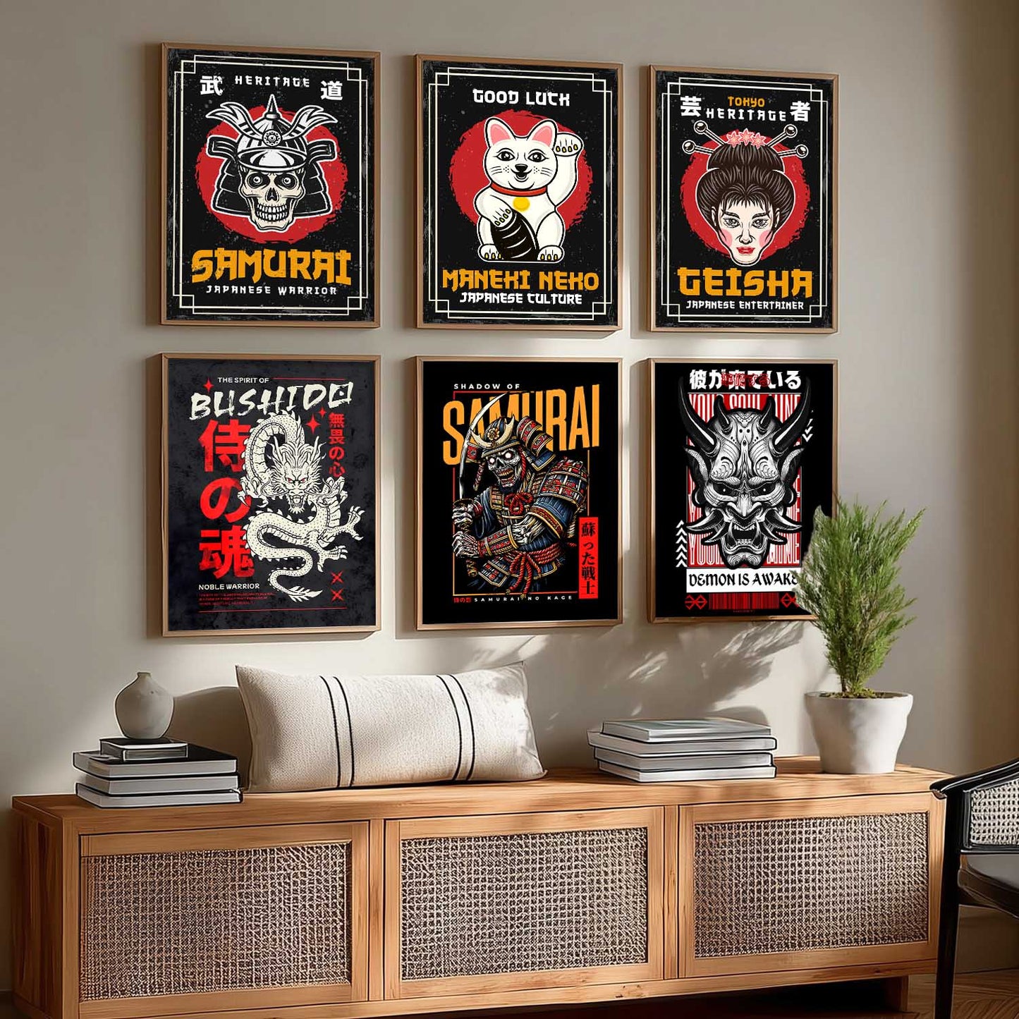 Samurai Japanese  Aesthetic Wall Art Paintings with Frame for Living Room Bedroom