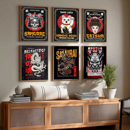 Samurai Japanese  Aesthetic Wall Art Paintings with Frame for Living Room Bedroom