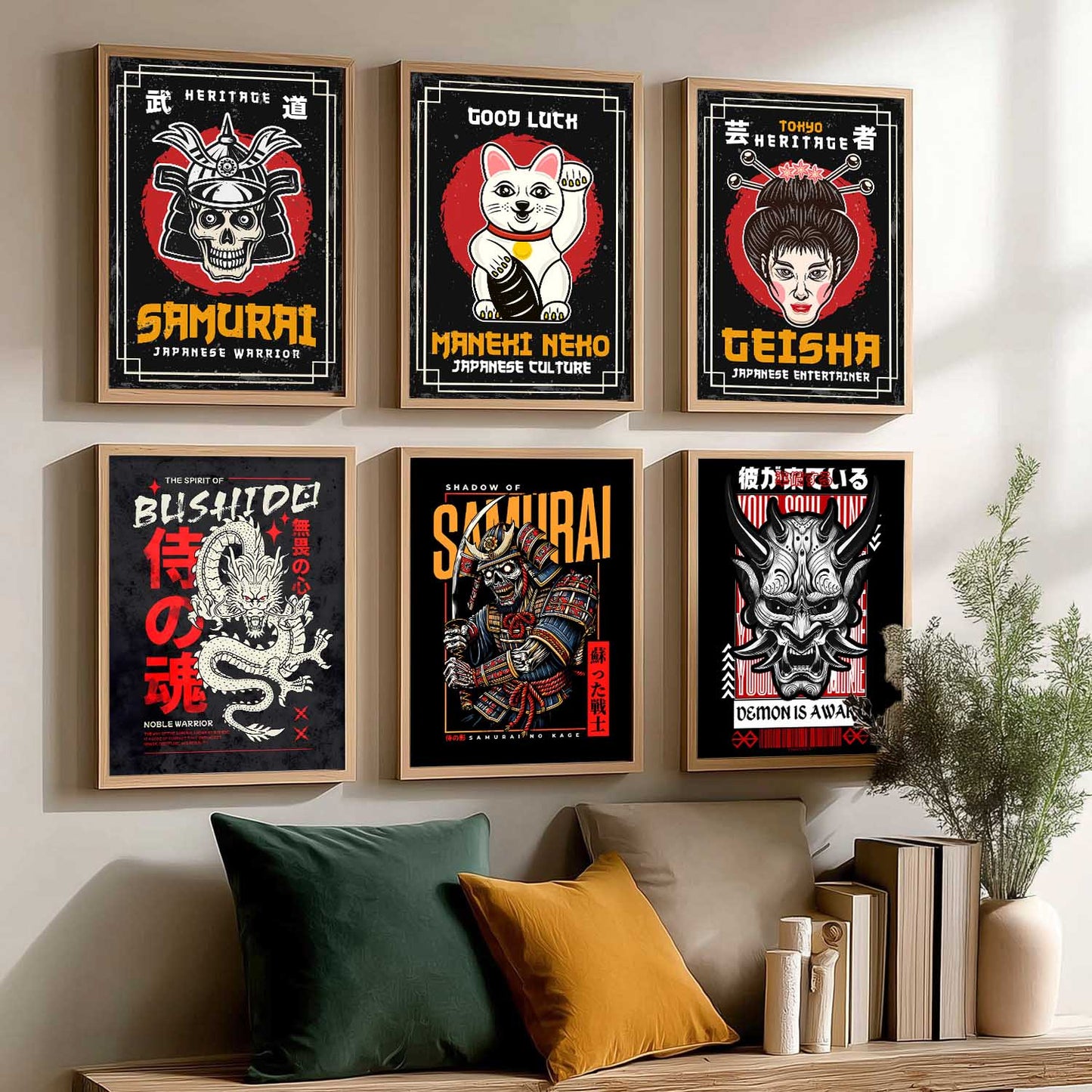 Samurai Japanese  Aesthetic Wall Art Paintings with Frame for Living Room Bedroom