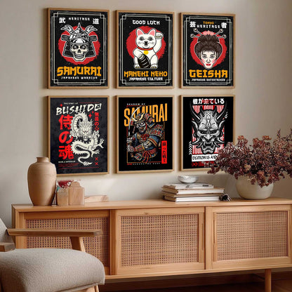 Samurai Japanese  Aesthetic Wall Art Paintings with Frame for Living Room Bedroom