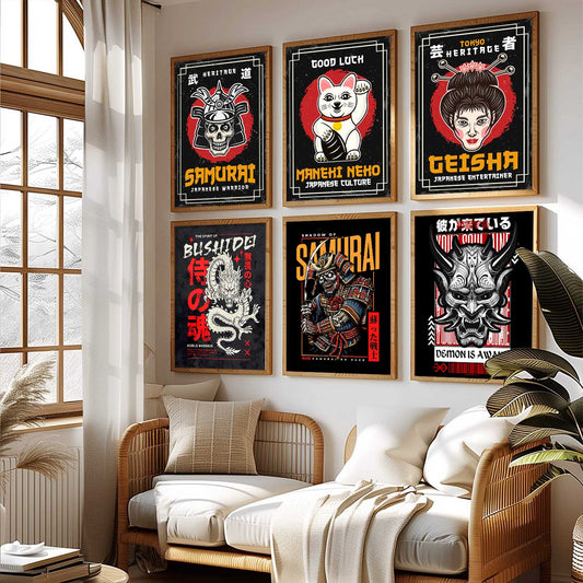 Samurai Japanese  Aesthetic Wall Art Paintings with Frame for Living Room Bedroom