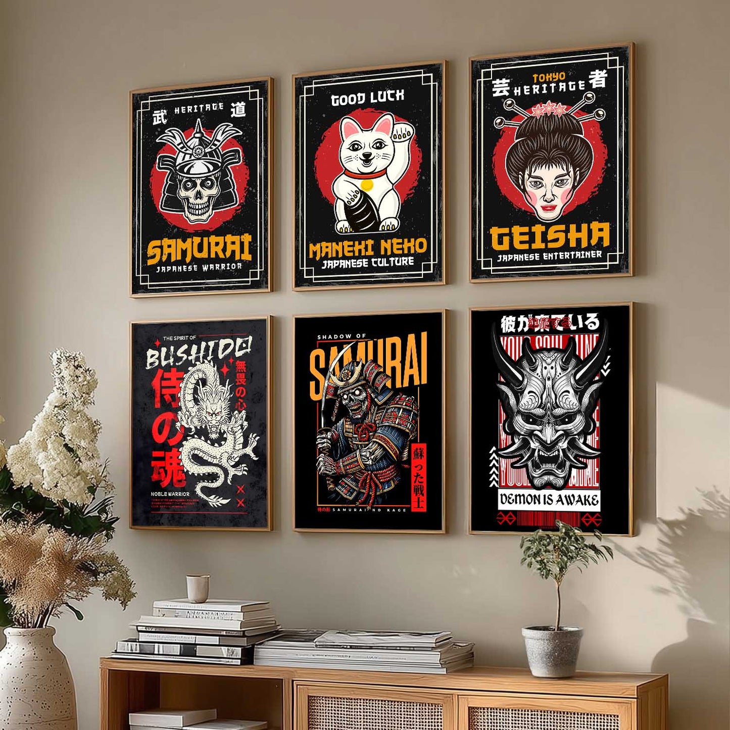 Samurai Japanese  Aesthetic Wall Art Paintings with Frame for Living Room Bedroom