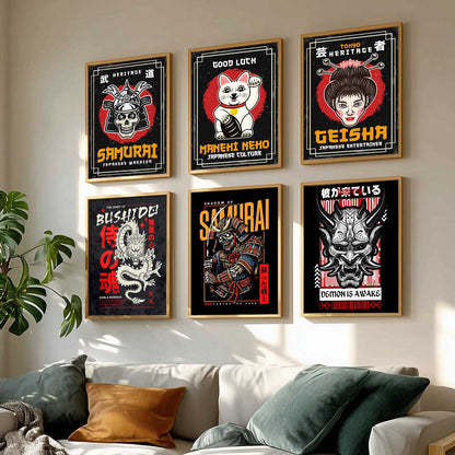 Samurai Japanese  Aesthetic Wall Art Paintings with Frame for Living Room Bedroom