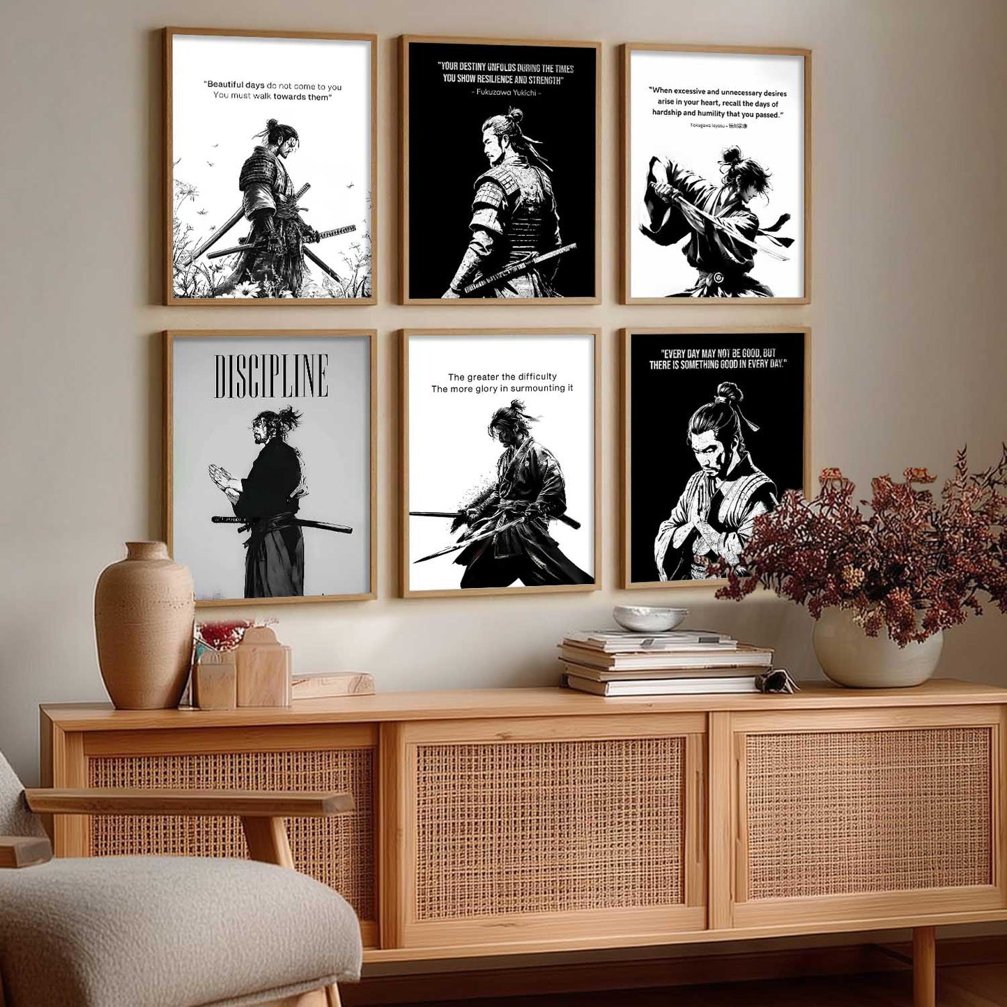 Japanese Samurai Motivational Wall Art Paintings with Frame for Living Room Bedroom