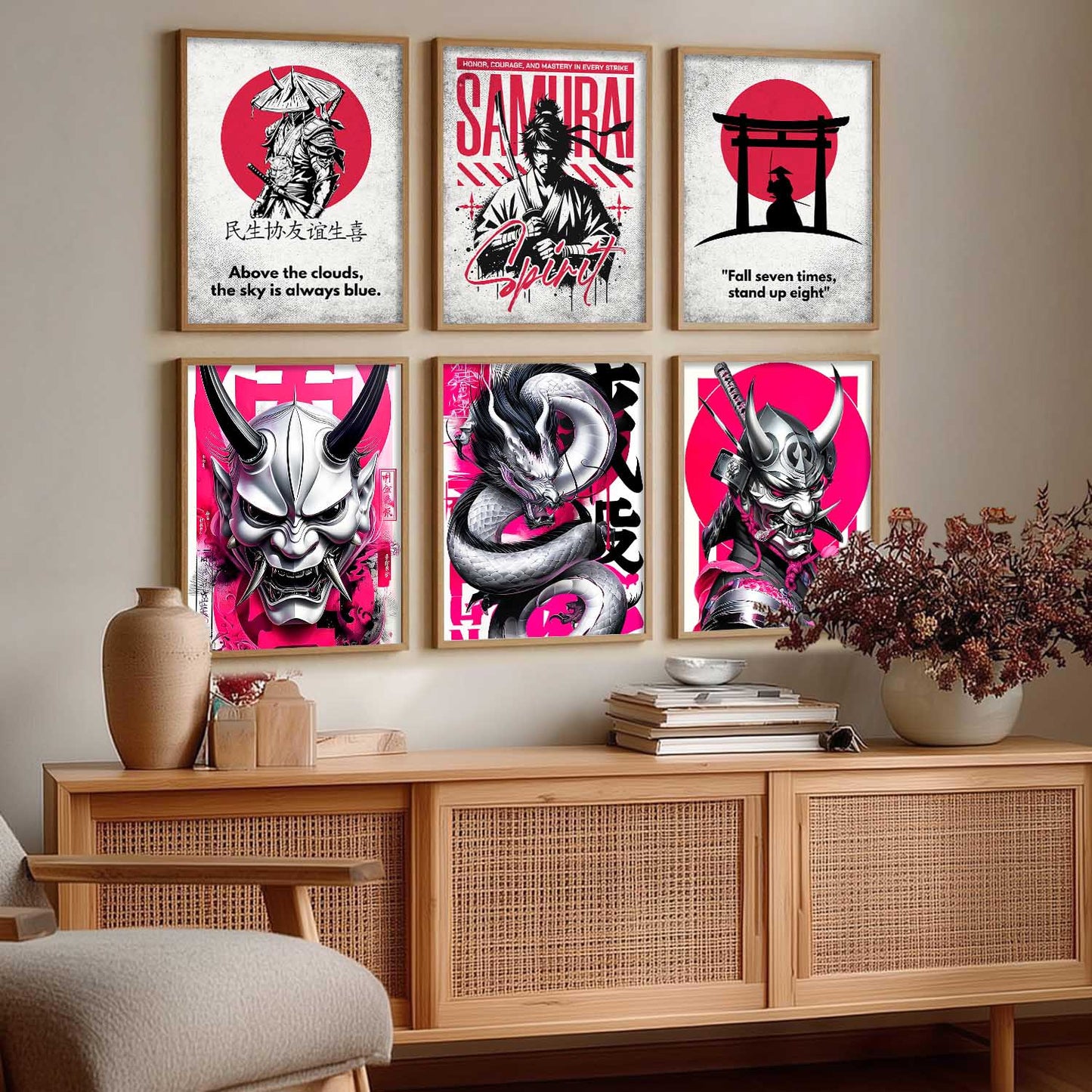 Samurai Japanese Devil Masks Wall Art Paintings with Frame for Living Room Bedroom