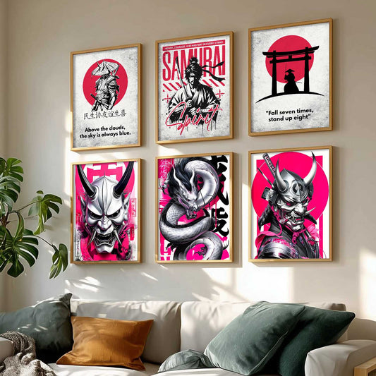 Samurai Japanese Devil Masks Wall Art Paintings with Frame for Living Room Bedroom