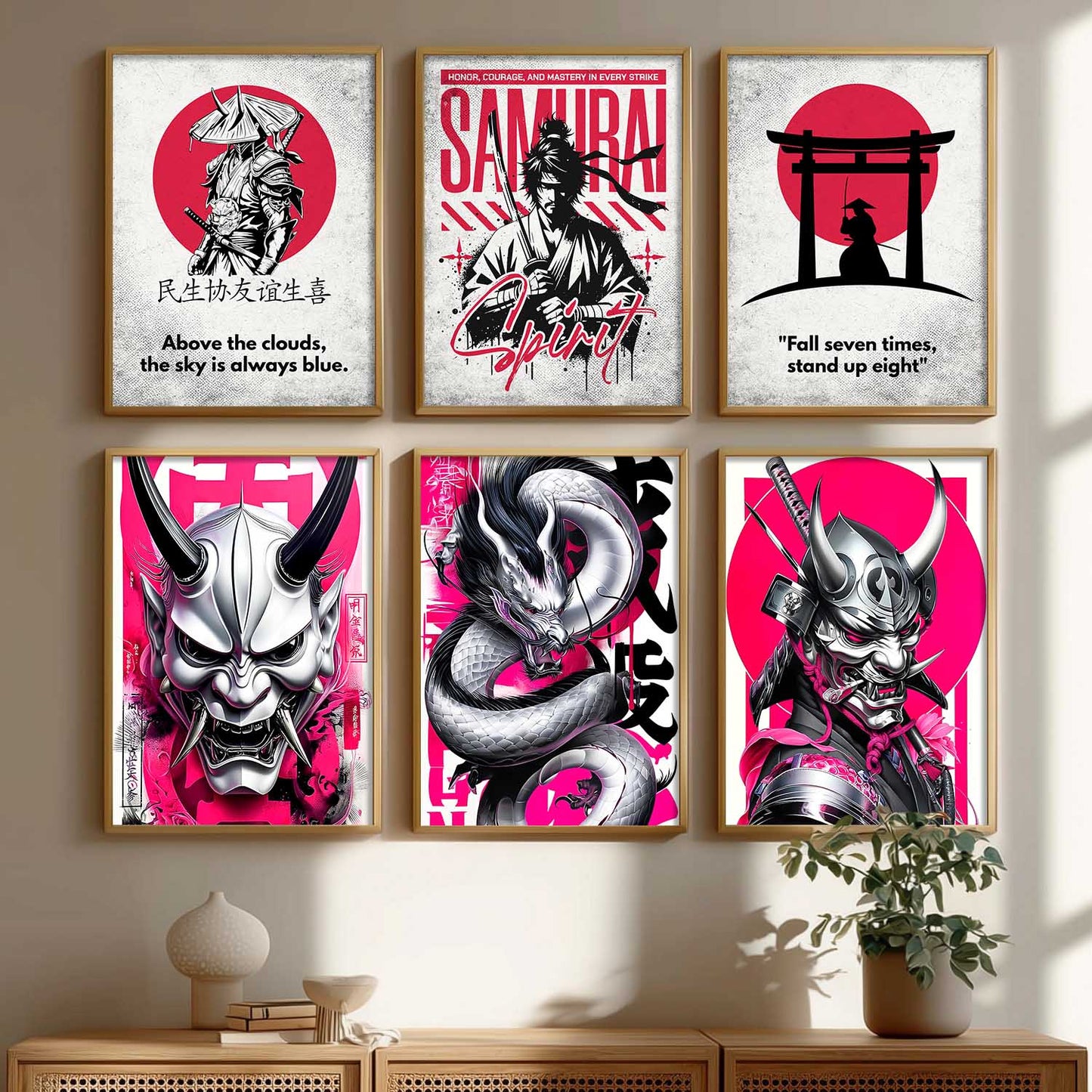 Samurai Japanese Devil Masks Wall Art Paintings with Frame for Living Room Bedroom
