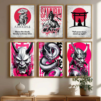 Samurai Japanese Devil Masks Wall Art Paintings with Frame for Living Room Bedroom
