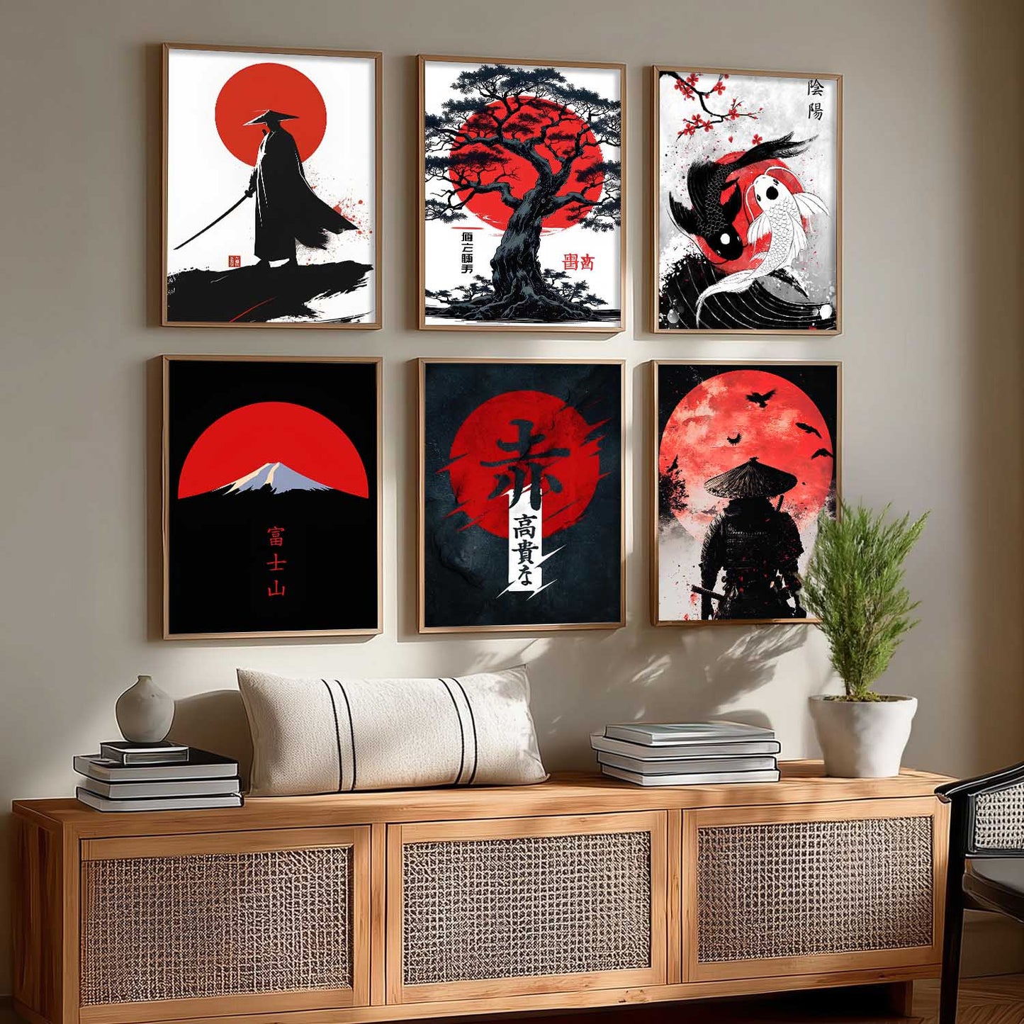 Samurai Japanese Aesthetic Wall Art Paintings with Frame for Living Room Bedroom