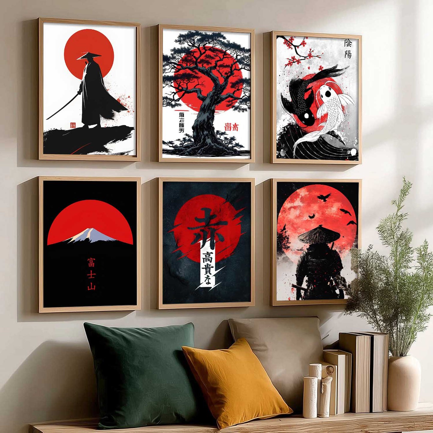 Samurai Japanese Aesthetic Wall Art Paintings with Frame for Living Room Bedroom